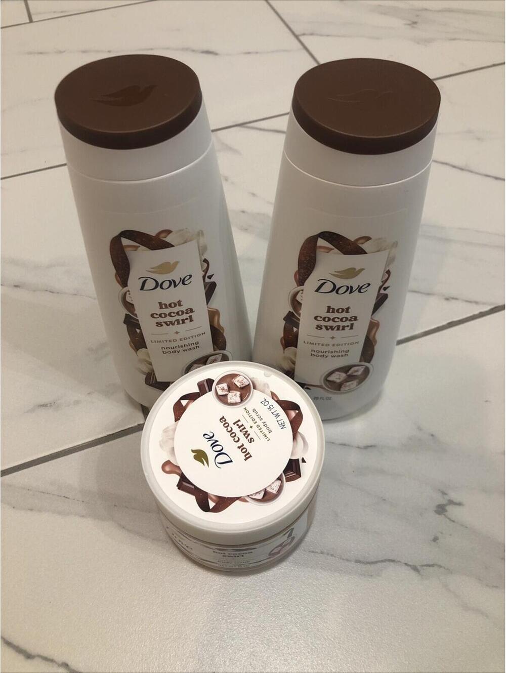 Dove Limited Edition Holiday Treat‎ 2 Body Wash Hot Cocoa Swirl 20oz 15oz Scrub